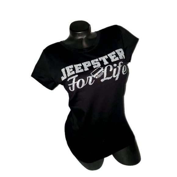 Jeepster For Life Fitted Spandex Black Tee with Shiny Lettering. - Picture 3 of 6